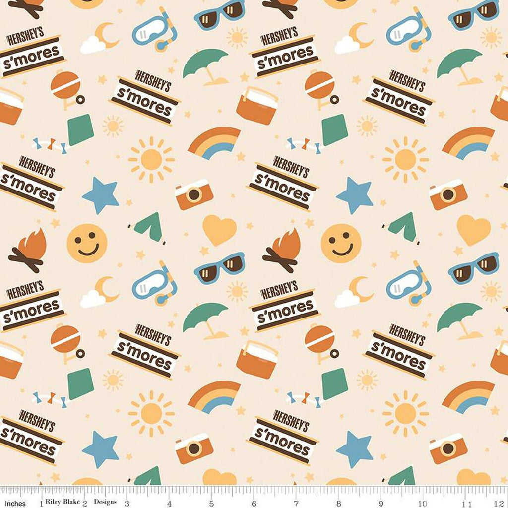 SALE Camp S'mores Main C13620 Marshmallow by Riley Blake Designs - Hershey Camping Suns Stars Tents Cameras  - Quilting Cotton Fabric