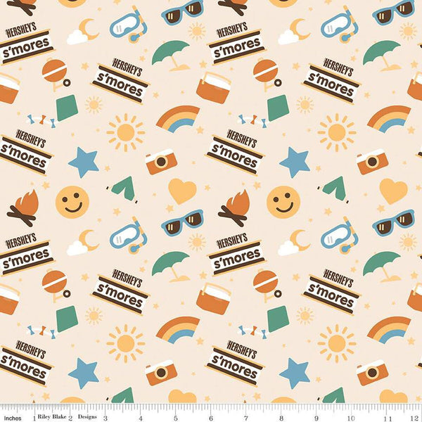 SALE Camp S'mores Main C13620 Marshmallow by Riley Blake Designs - Hershey Camping Suns Stars Tents Cameras  - Quilting Cotton Fabric