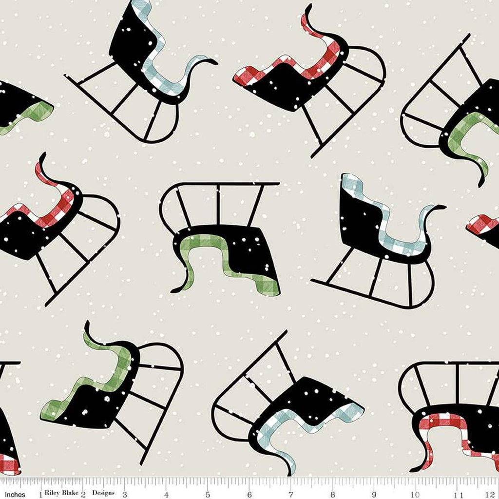 SALE White as Snow Sleigh Toss C13556 Gray - Riley Blake Designs - Christmas Winter Sleighs - Quilting Cotton Fabric