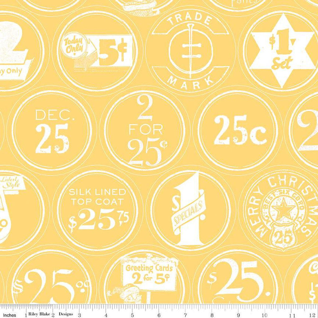 SALE White as Snow Christmas Labels C13557 Yellow - Riley Blake Designs - Christmas Vintage Labels - Quilting Cotton Fabric