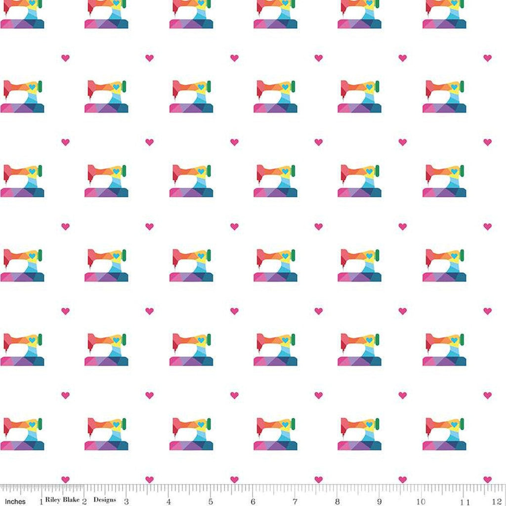 32" End of Bolt - CLEARANCE Make Sewing Machines C13422 White by Riley Blake  - Hearts Rainbow Sewing Machines - Quilting Cotton
