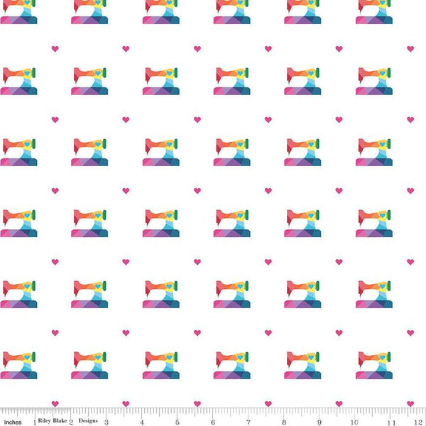 32" End of Bolt - CLEARANCE Make Sewing Machines C13422 White by Riley Blake  - Hearts Rainbow Sewing Machines - Quilting Cotton