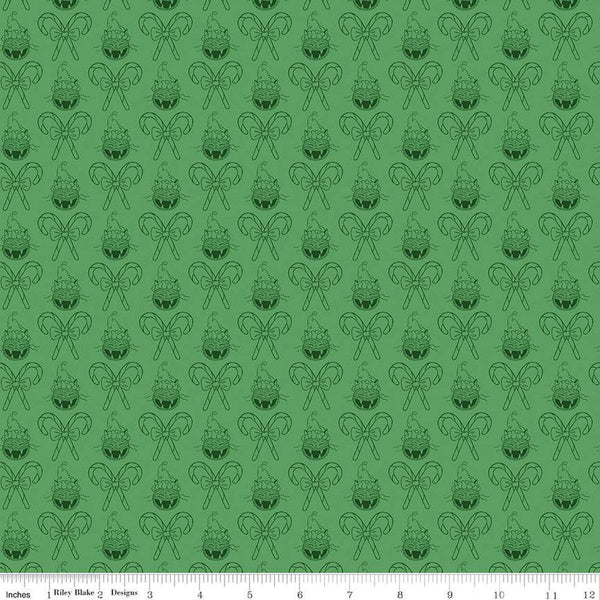 SALE Christmas with Scaredy Cat Cat and Canes C13534 Green - Riley Blake Designs - Santa Hats Candy Canes - Quilting Cotton Fabric