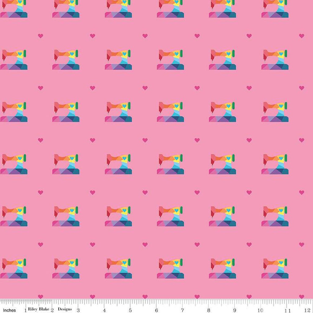 CLEARANCE Make Sewing Machines C13422 Hot Pink by Riley Blake  - Hearts Rainbow Sewing Machines - Quilting Cotton