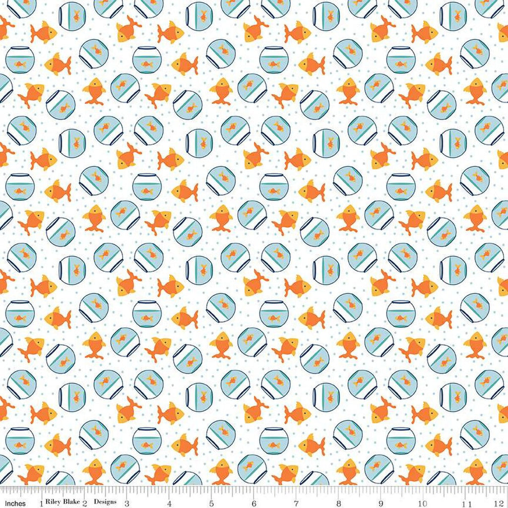 SALE Pets Goldfish C13655 White - Riley Blake Designs - Children's Fish Dots  - Quilting Cotton Fabric