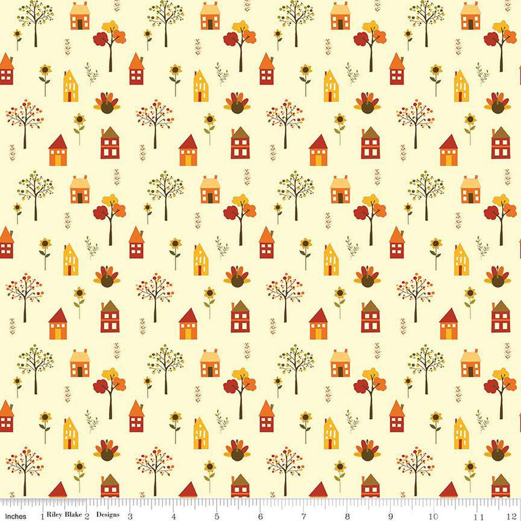 SALE Fall's in Town Village C13512 Cream by Riley Blake Designs - Thanksgiving Autumn Houses Trees Leaves Flowers - Quilting Cotton Fabric