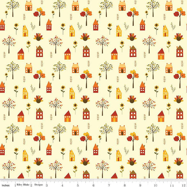SALE Fall's in Town Village C13512 Cream by Riley Blake Designs - Thanksgiving Autumn Houses Trees Leaves Flowers - Quilting Cotton Fabric