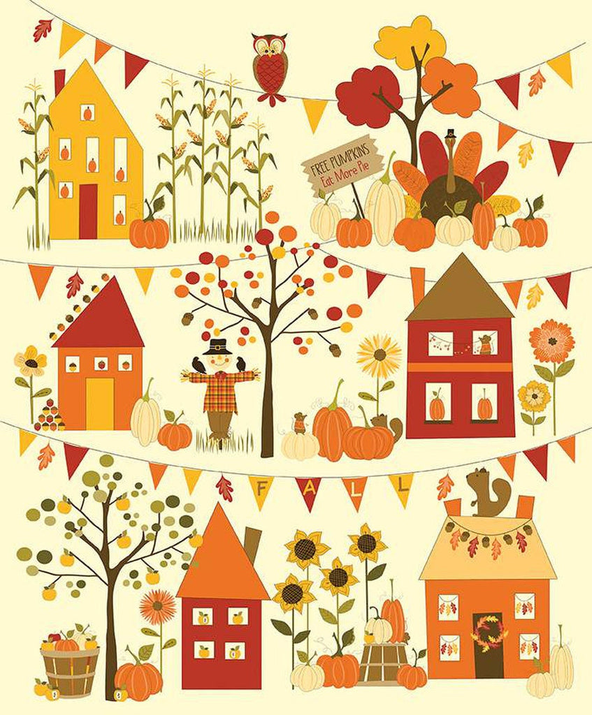SALE Fall's in Town Panel P13519 by Riley Blake Designs - Thanksgiving Autumn Houses Turkey Pumpkins Scarecrow Owl - Quilting Cotton Fabric