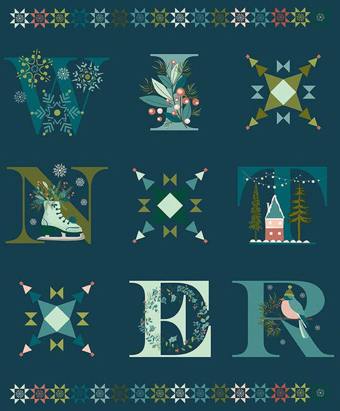 SALE Arrival of Winter Panel P13529 Navy by Riley Blake Designs - Letters Icons Snowflakes Skates Bird House  - Quilting Cotton Fabric
