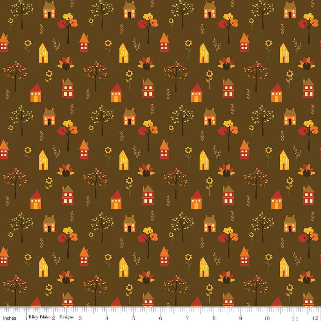 SALE Fall's in Town Village C13512 Brown by Riley Blake Designs - Thanksgiving Autumn Houses Trees Leaves Flowers - Quilting Cotton Fabric