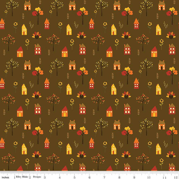 SALE Fall's in Town Village C13512 Brown by Riley Blake Designs - Thanksgiving Autumn Houses Trees Leaves Flowers - Quilting Cotton Fabric