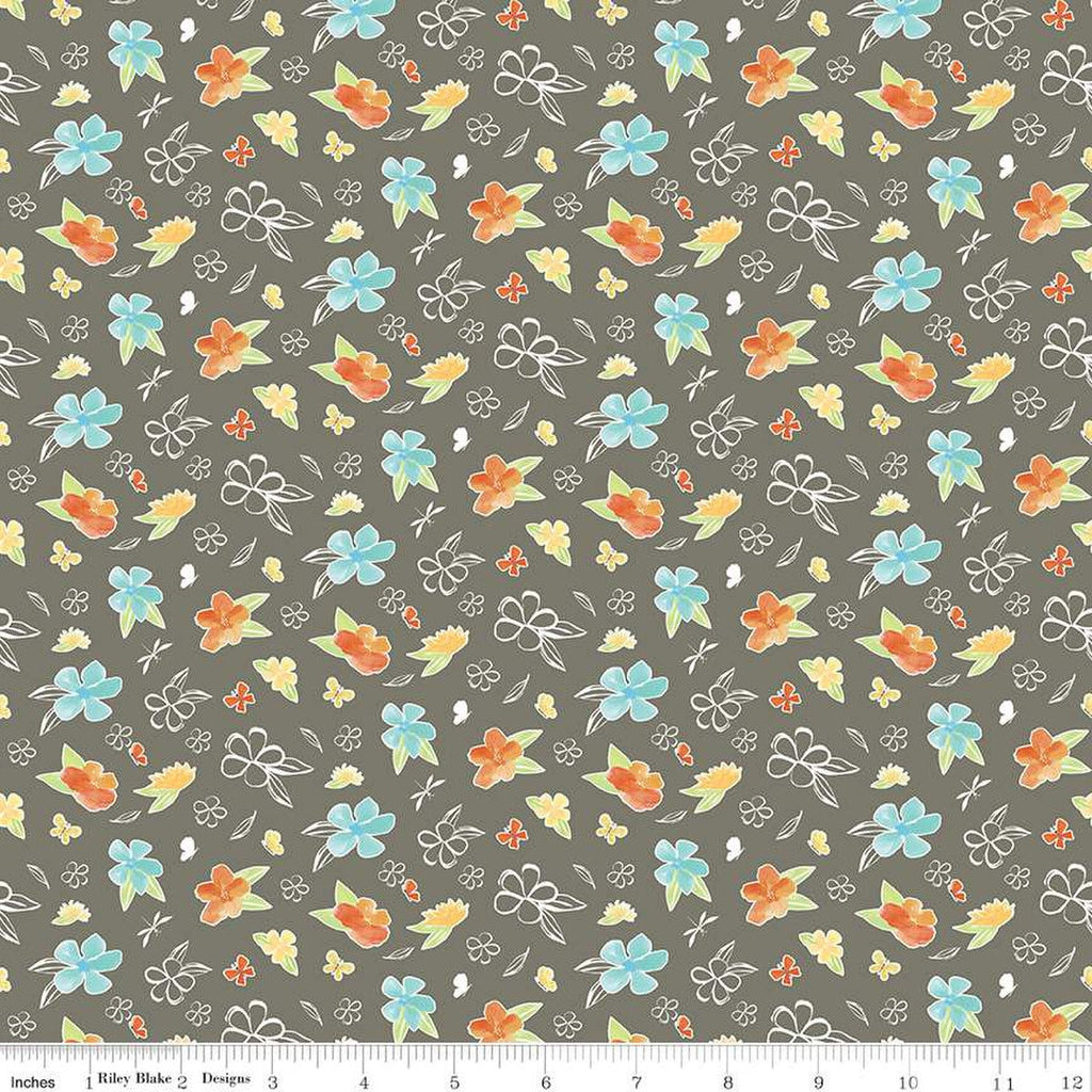 SALE Happy at Home Flowers C13702 Gray - Riley Blake Designs - Floral Butterflies Dragonflies - Quilting Cotton Fabric