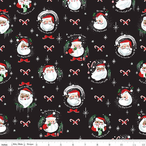 CLEARANCE FLANNEL Jolly Old Elf F13909 Black - Riley Blake  - Christmas Santa Claus Candy Canes- FLANNEL Cotton