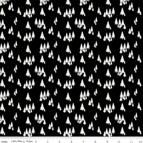 SALE Woodsman Trees C13763 Black by Riley Blake Designs - Cream Pine Pines on Black - Quilting Cotton Fabric
