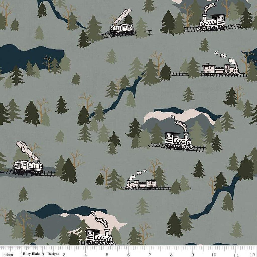SALE Round the Mountain Main C13810 Pine - Riley Blake Designs - Trains Trees Mountains - Quilting Cotton Fabric