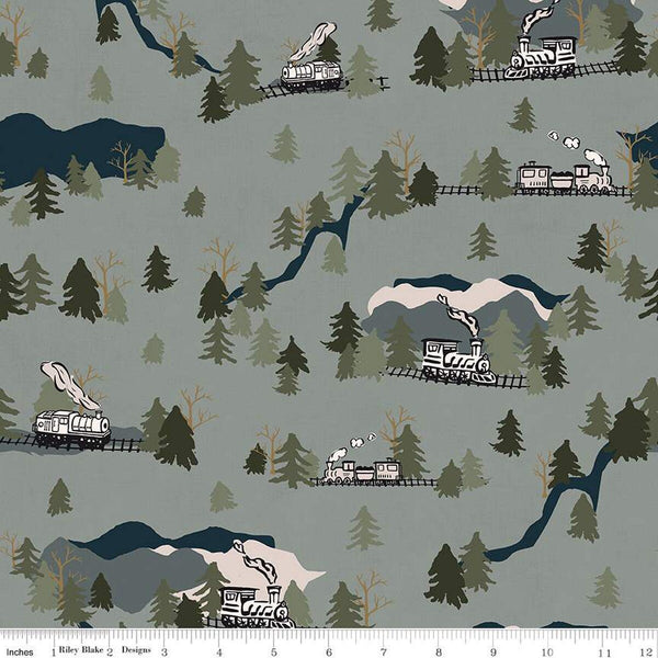 SALE Round the Mountain Main C13810 Pine - Riley Blake Designs - Trains Trees Mountains - Quilting Cotton Fabric