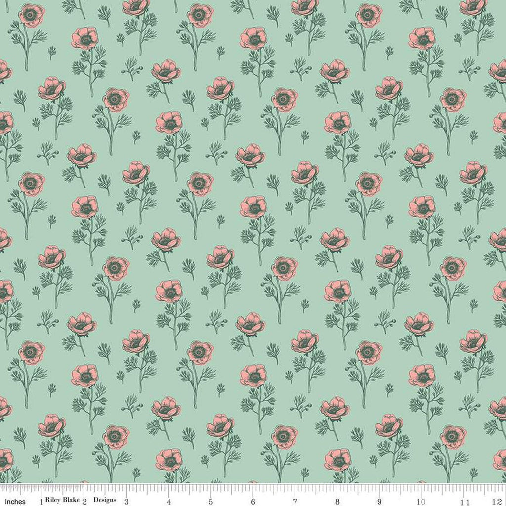 SALE Porch Swing Botanical Anemones C14052 Mint by Riley Blake Designs - Floral Flowers - Quilting Cotton Fabric