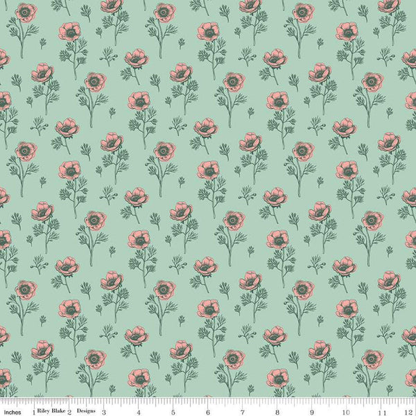 SALE Porch Swing Botanical Anemones C14052 Mint by Riley Blake Designs - Floral Flowers - Quilting Cotton Fabric