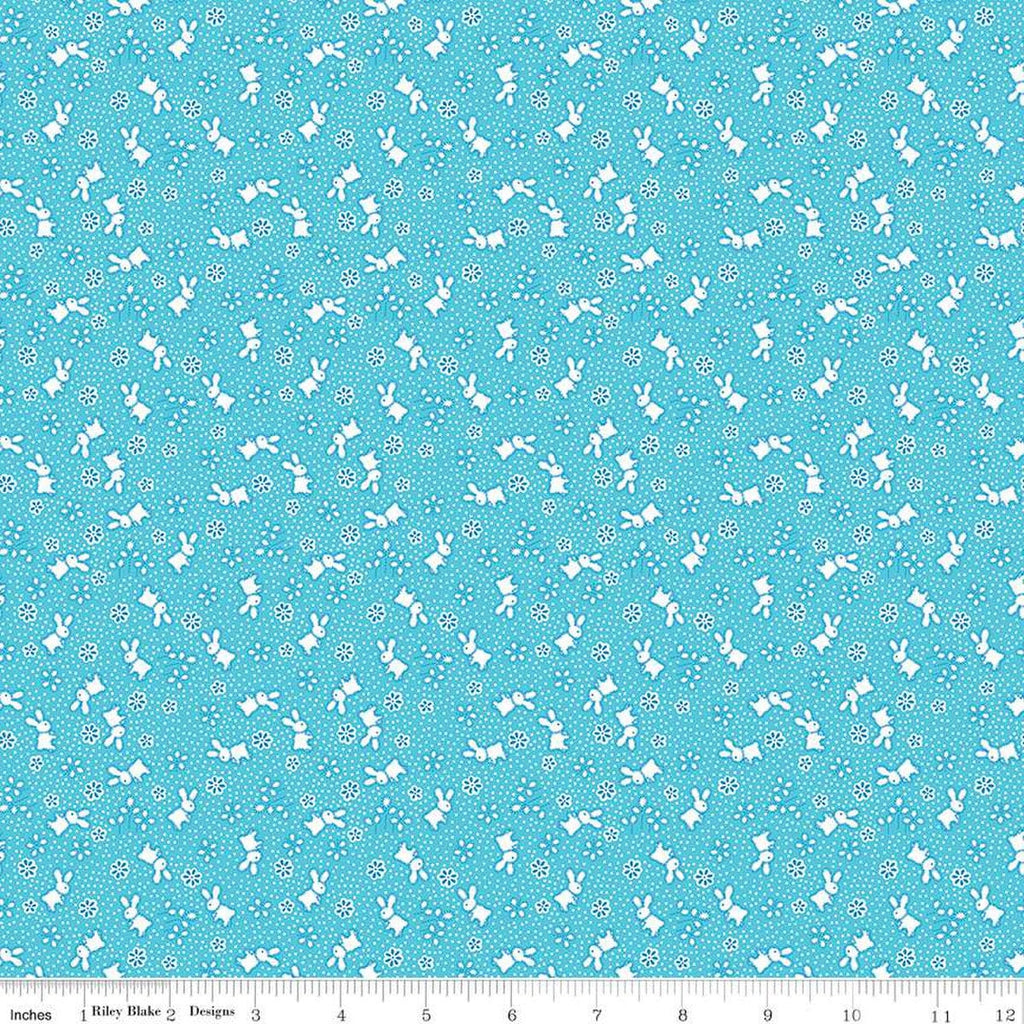 SALE Storytime 30s Bunnies C13869 Aqua by Riley Blake Designs - Rabbits Blossoms Dots - Quilting Cotton Fabric