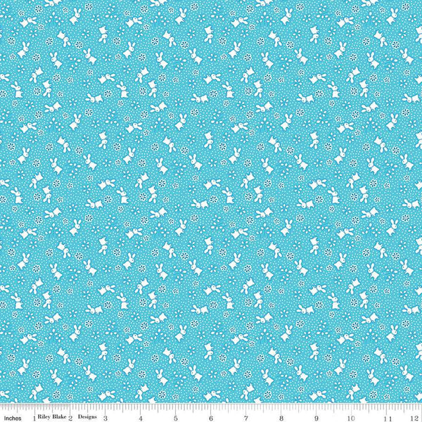 SALE Storytime 30s Bunnies C13869 Aqua by Riley Blake Designs - Rabbits Blossoms Dots - Quilting Cotton Fabric