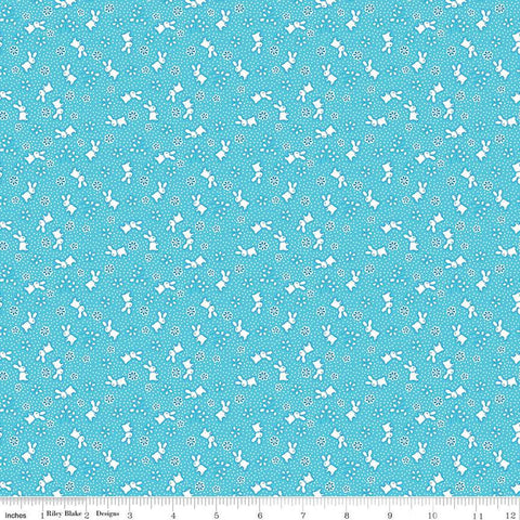 Storytime 30s Bunnies C13869 Aqua by Riley Blake Designs - Rabbits Blossoms Dots - Quilting Cotton Fabric