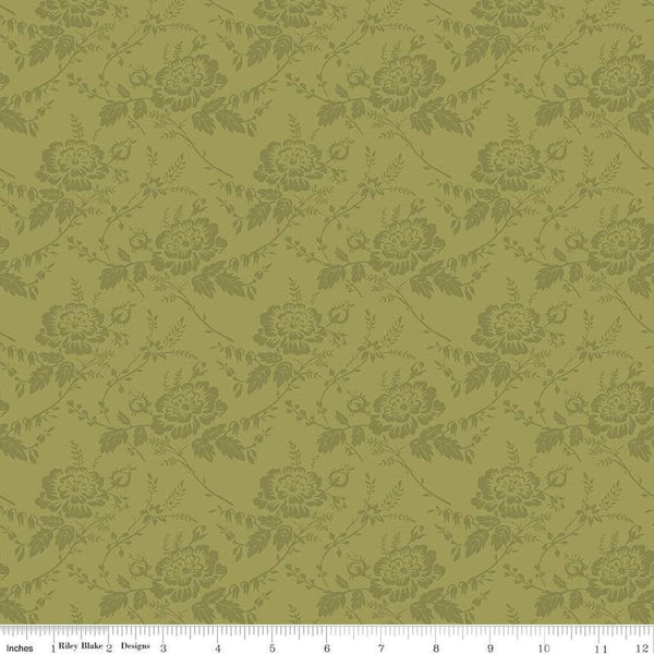 Anne of Green Gables Damask C13855 Olive - Riley Blake Designs - Floral Flowers Leaves - Quilting Cotton Fabric - Licensed Product