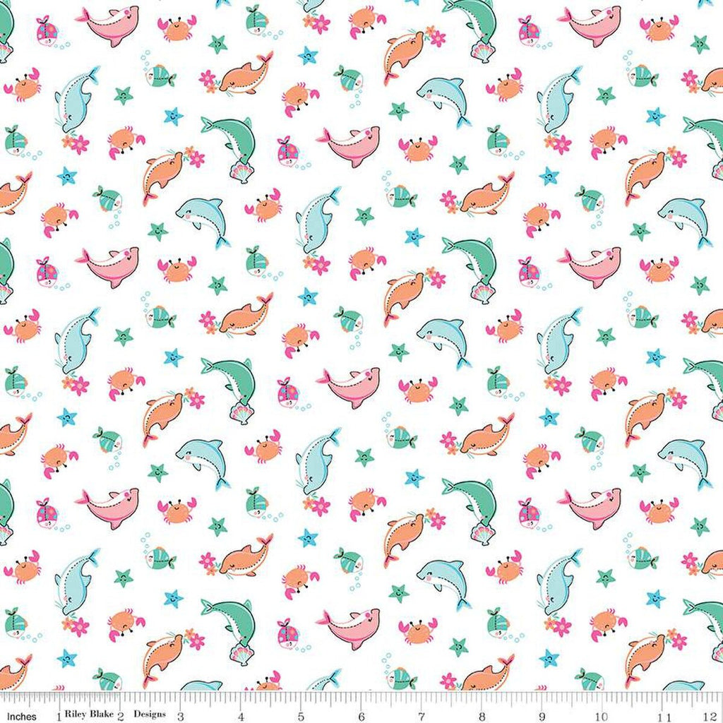 CLEARANCE Mer-Mazing Sea Creatures C14191 White by Riley Blake Designs - Fish Dolphins Crabs Starfish - Quilting Cotton Fabric