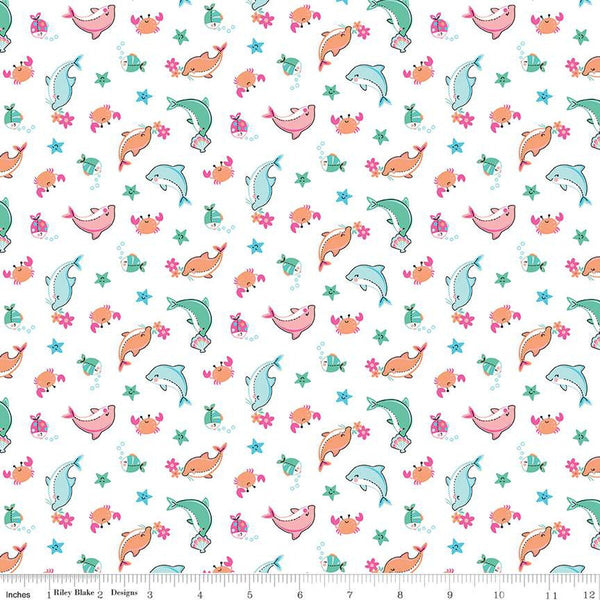 CLEARANCE Mer-Mazing Sea Creatures C14191 White by Riley Blake Designs - Fish Dolphins Crabs Starfish - Quilting Cotton Fabric