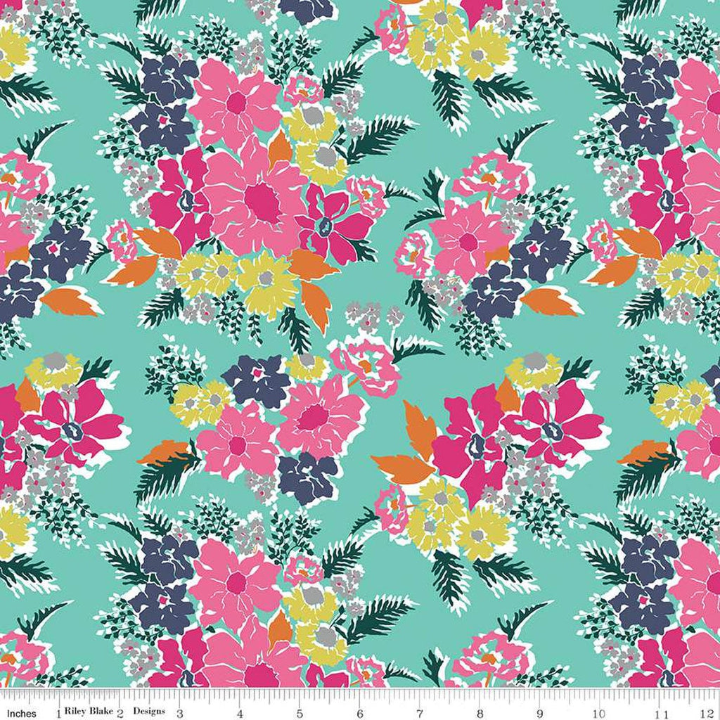 SALE Flower Farm Main C13980 Teal - Riley Blake Designs - Floral Flowers - Quilting Cotton Fabric