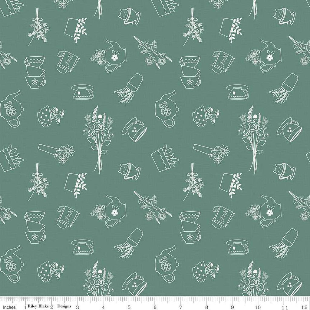 SALE Afternoon Tea Sketches C14031 Lodge Pole - Riley Blake Designs - Outlined Teapots Teacups Tea Bags Flowers - Quilting Cotton Fabric