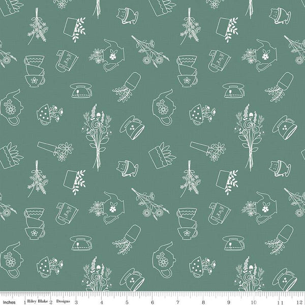 SALE Afternoon Tea Sketches C14031 Lodge Pole - Riley Blake Designs - Outlined Teapots Teacups Tea Bags Flowers - Quilting Cotton Fabric