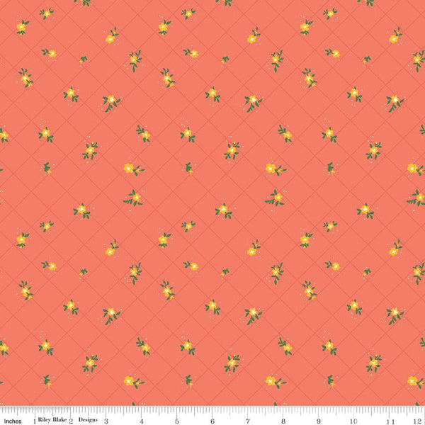 SALE Market Street Flower Grid C14128 Coral - Riley Blake Designs - Floral Flowers Blossoms Dots Diagonal Grid - Quilting Cotton Fabric