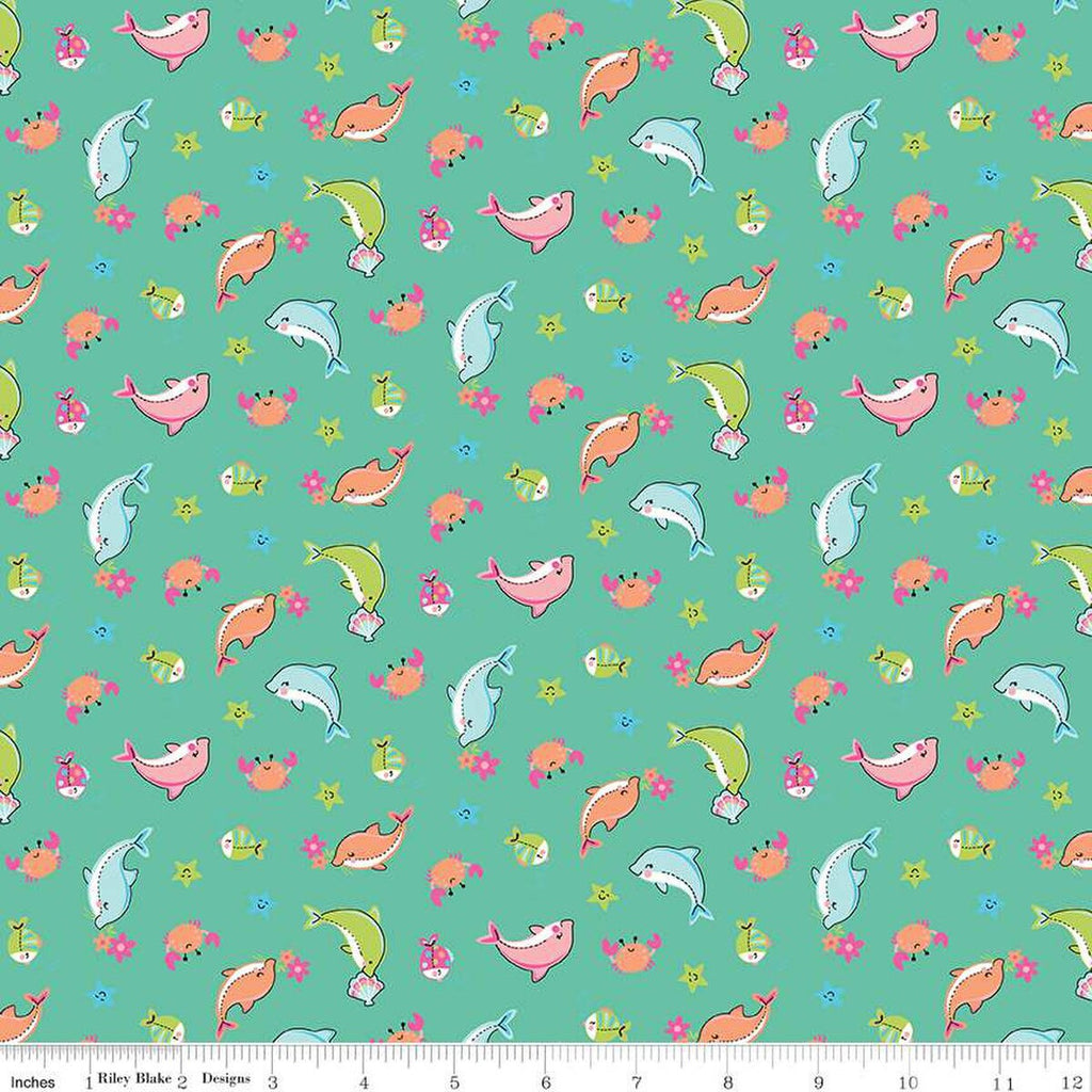 SALE Mer-Mazing Sea Creatures C14191 Green - Riley Blake Designs - Fish Dolphins Crabs Starfish - Quilting Cotton Fabric