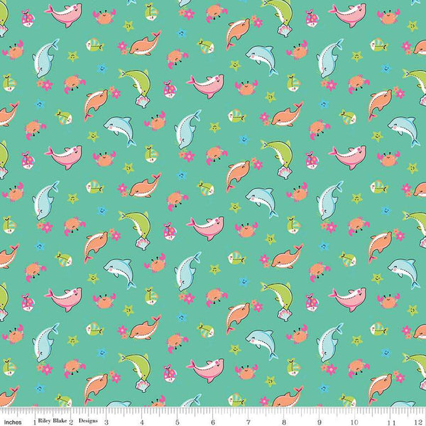 SALE Mer-Mazing Sea Creatures C14191 Green - Riley Blake Designs - Fish Dolphins Crabs Starfish - Quilting Cotton Fabric