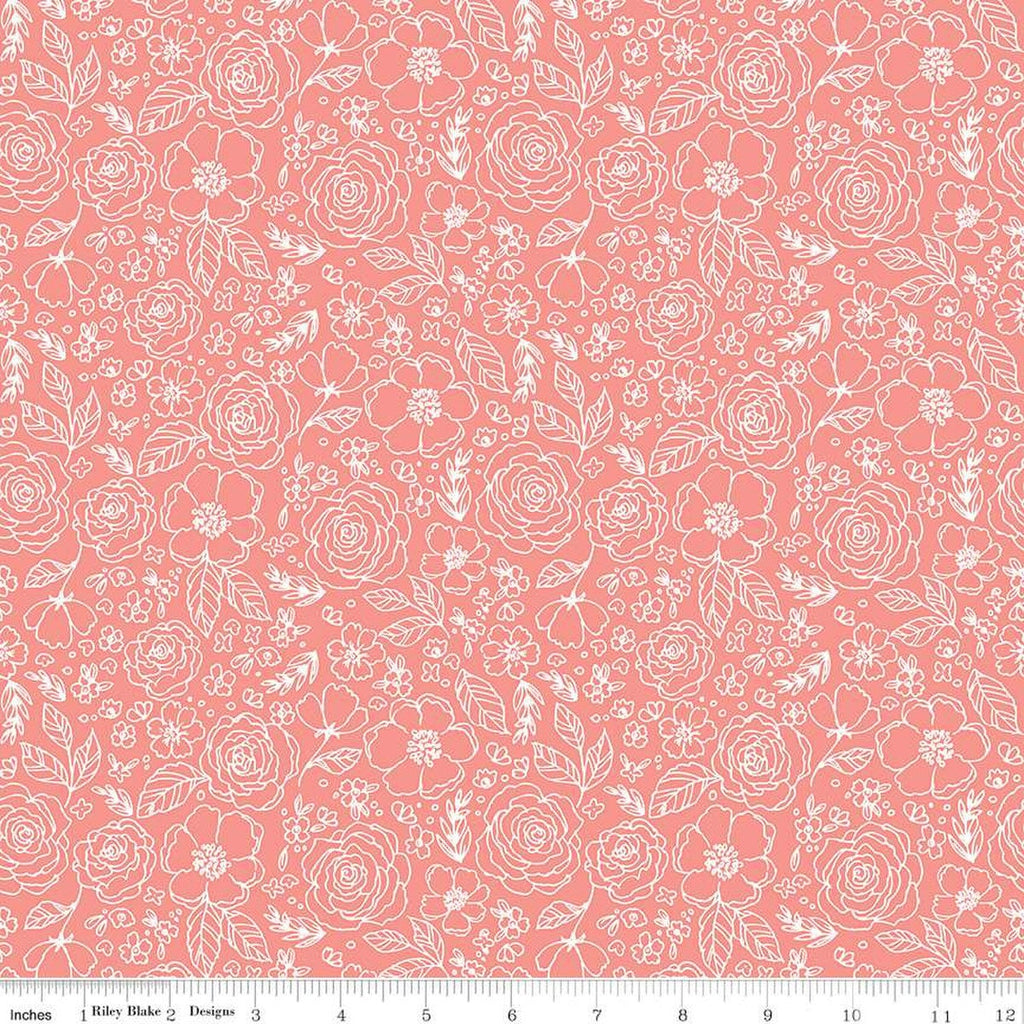 SALE My Valentine Lined Roses C14153 Coral by Riley Blake Designs - Floral Flowers Valentine's Day Valentines - Quilting Cotton Fabric