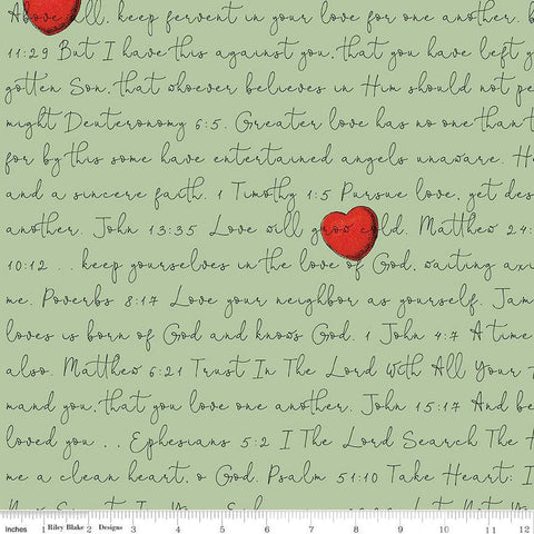 All My Heart Love Letters C14139 Green by Riley Blake Designs - Bible Text Hearts Valentine's Day Valentines - Quilting Cotton Fabric
