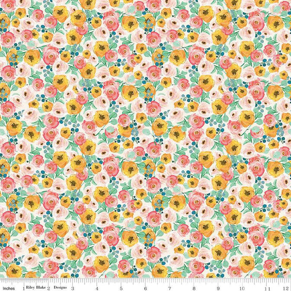 SALE Spring Gardens Floral C14112 Cream by Riley Blake Designs - Flowers Leaves - Quilting Cotton Fabric
