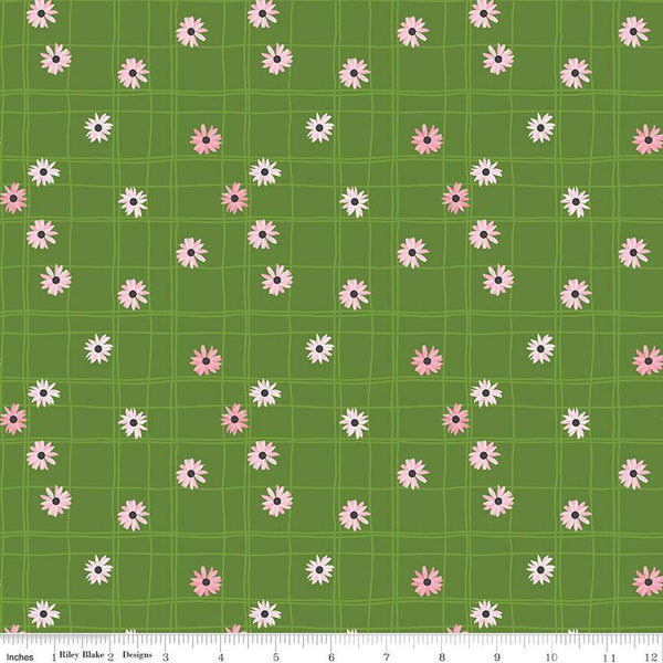 SALE Flour and Flower C14014 Flower Grid Green by Riley Blake Designs - Irregular Grid Flowers - Quilting Cotton Fabric