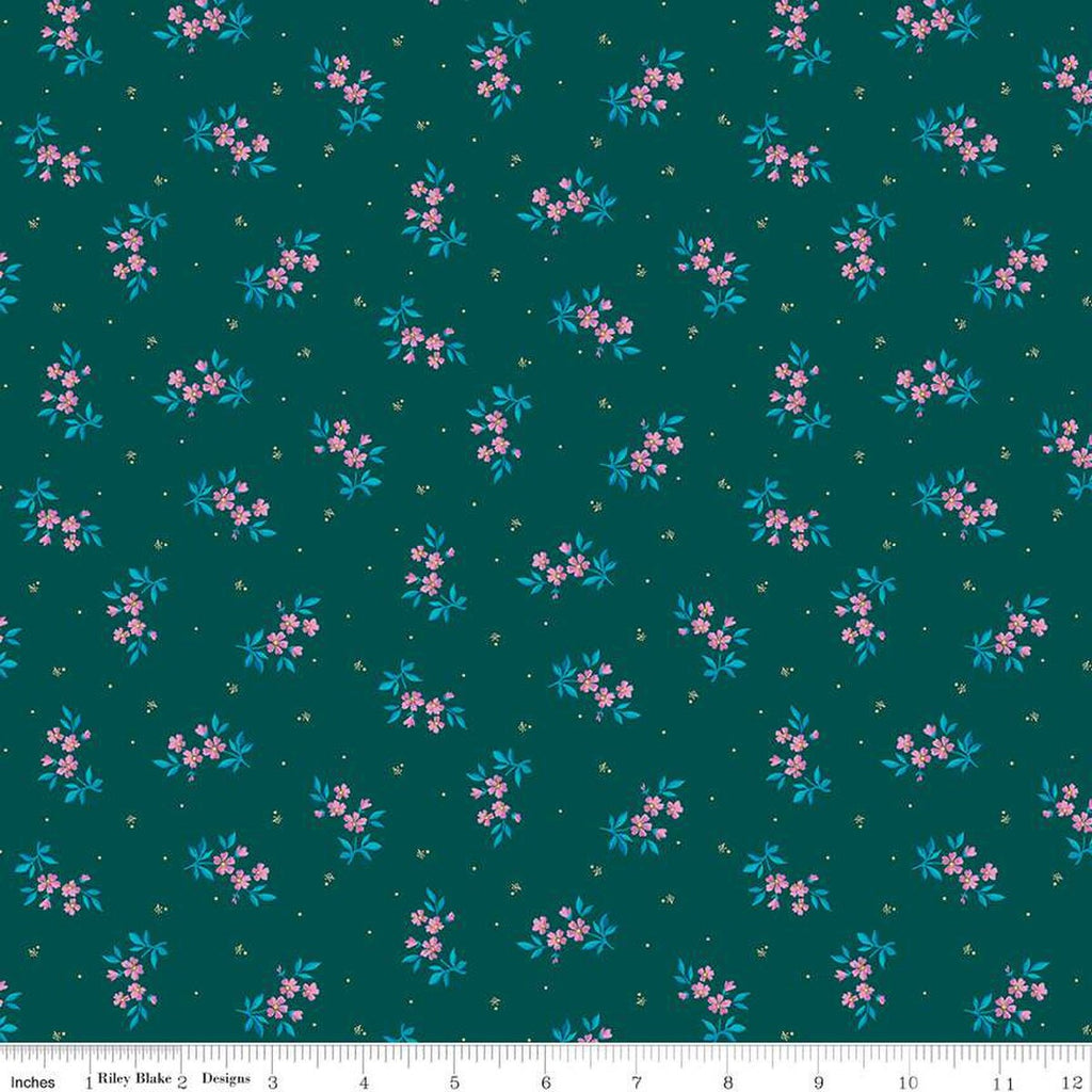 SALE Brilliance Delicate Floral C14222 Jade by Riley Blake Designs - Flowers Pin Dots - Quilting Cotton Fabric