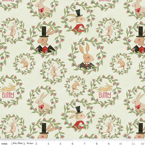 Hop Hop Hooray Bunny Wreaths C14272 Flax by Riley Blake Designs - Easter Folk Art Rabbits - Teresa Kogut - Quilting Cotton Fabric