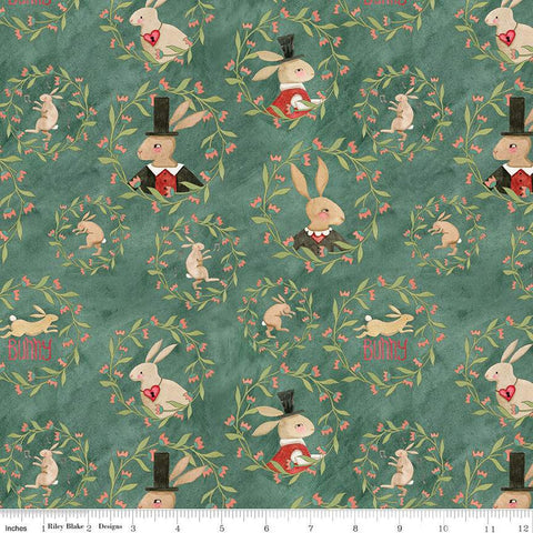 Hop Hop Hooray Bunny Wreaths C14272 Teal by Riley Blake Designs - Easter Folk Art Rabbits - Teresa Kogut - Quilting Cotton Fabric