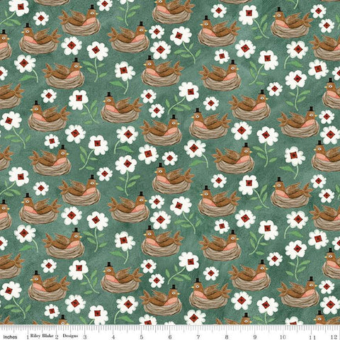 Hop Hop Hooray Robins Nest C14273 Teal by Riley Blake Designs - Easter Folk Art Birds Flowers - Teresa Kogut - Quilting Cotton Fabric