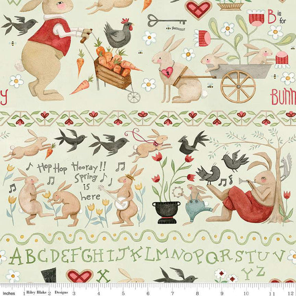 12" End of Bolt - SALE Hop Hop Hooray Bunny Border Stripe C14277 Flax - Riley Blake - Easter Folk Art Rabbits - Quilting Cotton Fabric