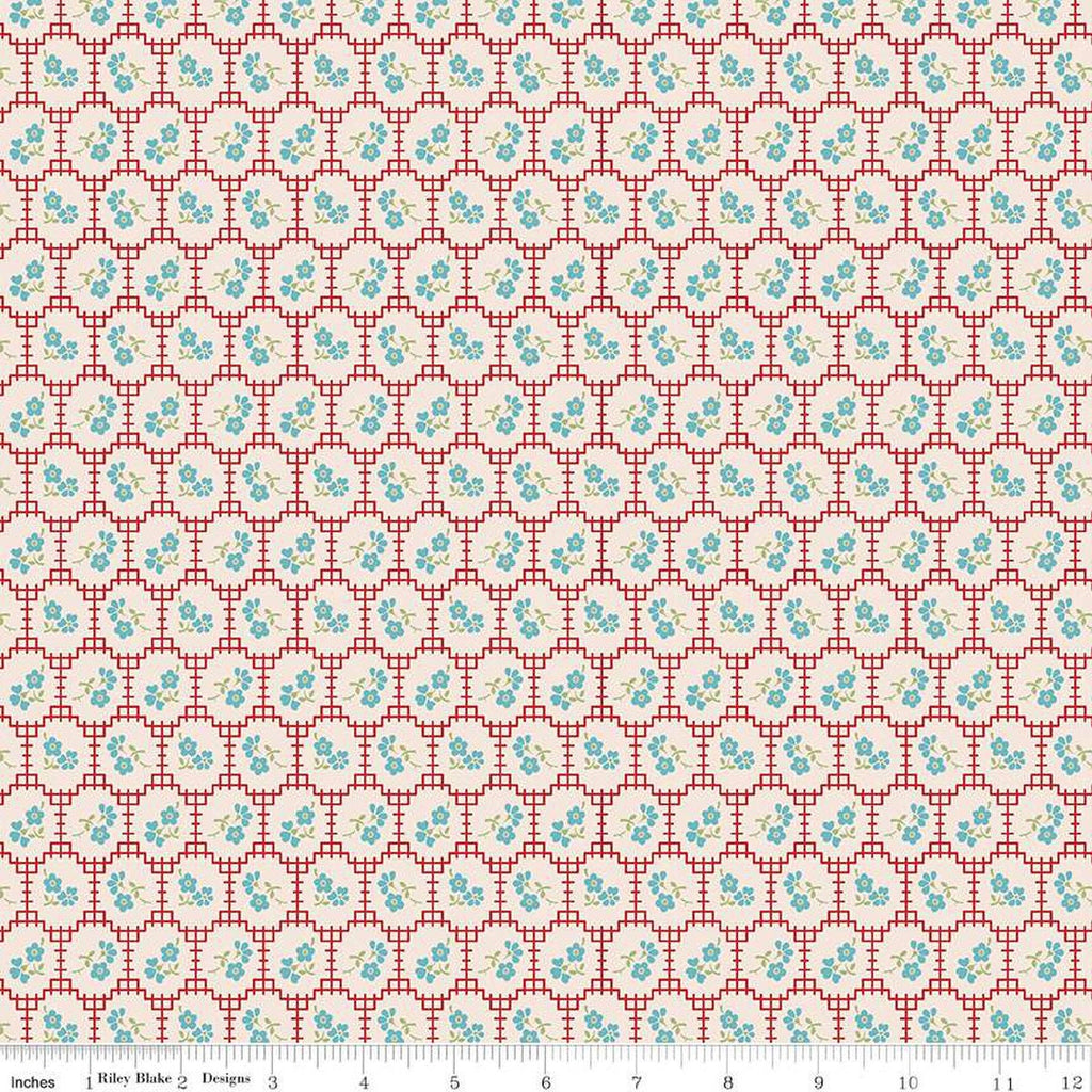 SALE Mercantile Recollect C14393 Schoolhouse by Riley Blake Designs - Lori Holt - Floral Flowers Grid Background - Quilting Cotton Fabric