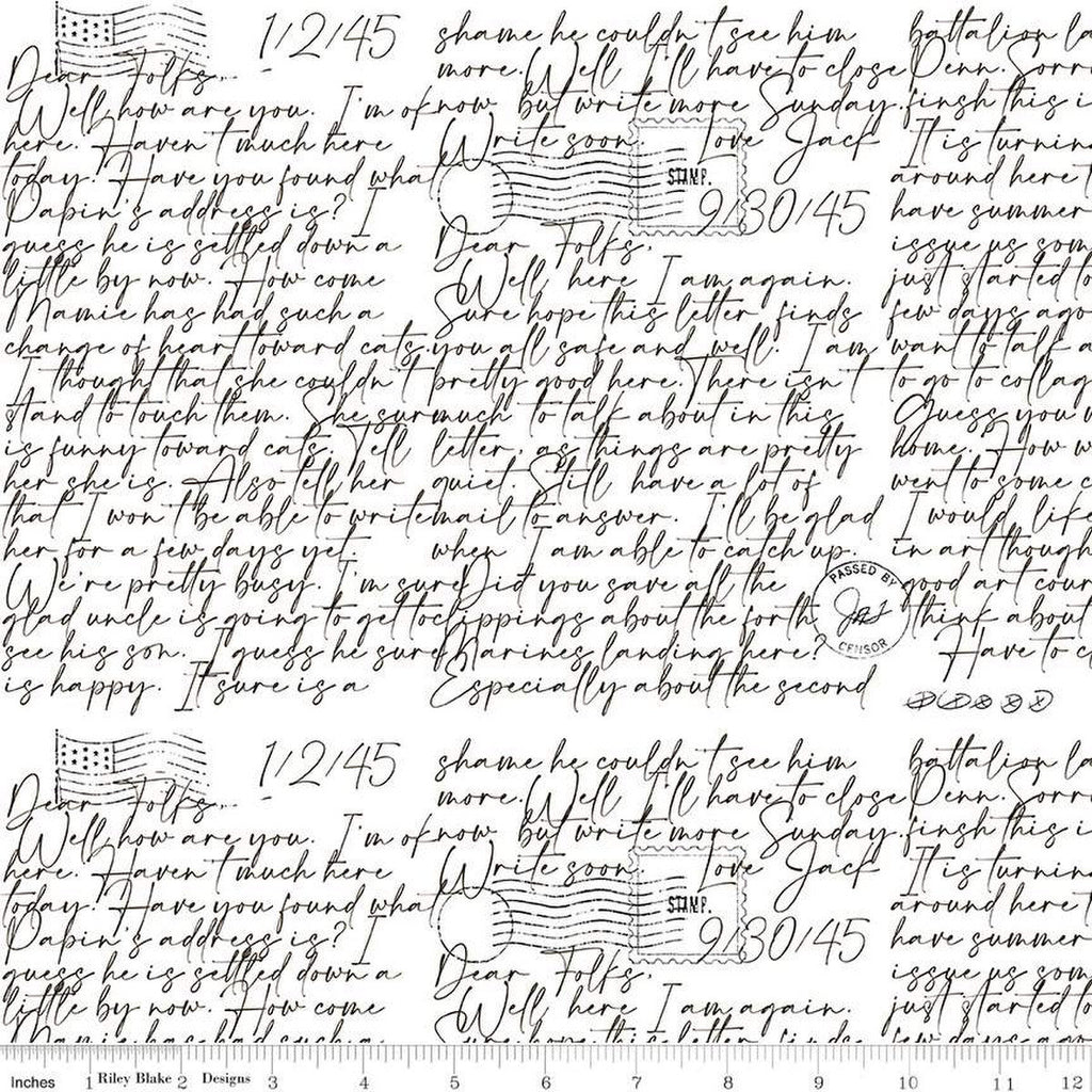 3 yard cut - SALE Art Journal Dear Folks WIDE BACK WB14200 White - Riley Blake - 107/108" Wide - Postcard Text - Quilting Cotton Fabric