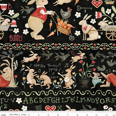 Hop Hop Hooray Bunny Border Stripe C14277 Black by Riley Blake - Easter Folk Art Rabbits - Teresa Kogut - Quilting Cotton Fabric