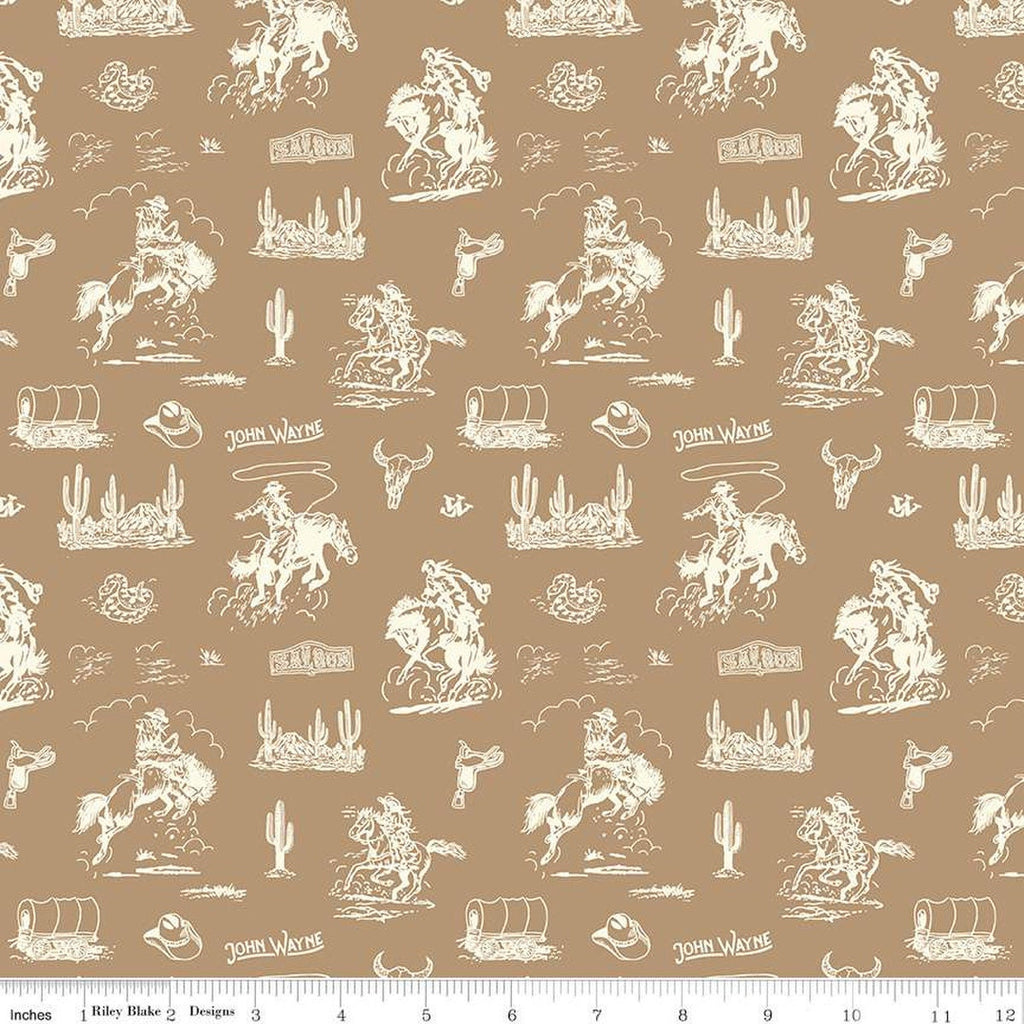 15" End of Bolt - John Wayne Courage Cowboys C14302 Tan - Riley Blake - Western Horses Wagons - Quilting Cotton Fabric - Licensed Product
