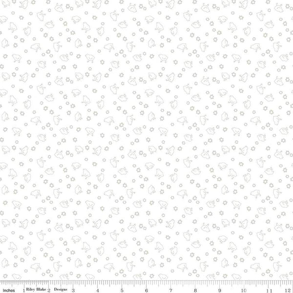 Lights On Chicks C14489 - Riley Blake Designs - White-on-White Chicks Flowers - Quilting Cotton Fabric