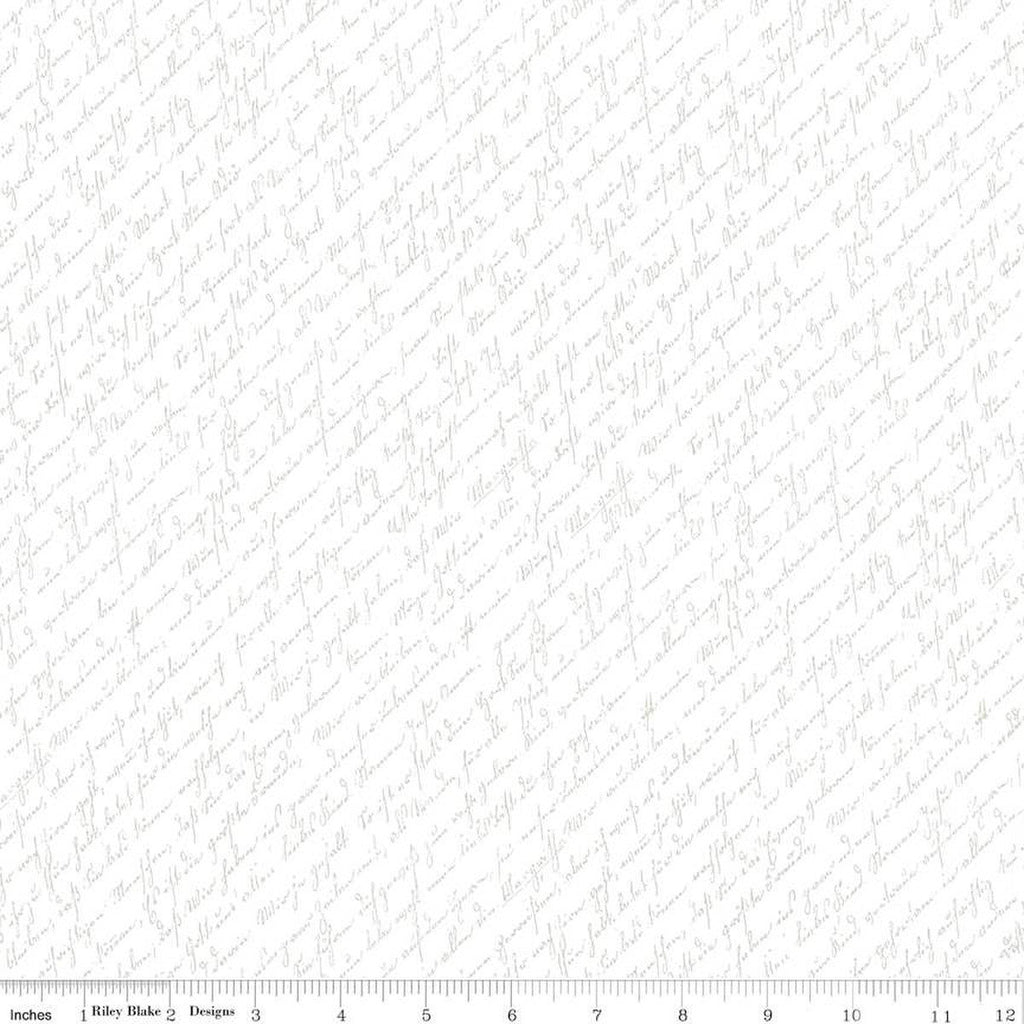 SALE Lights On Home Script C14474 - Riley Blake Designs - White-on-White Diagonal Vintage Cursive Text - Quilting Cotton Fabric