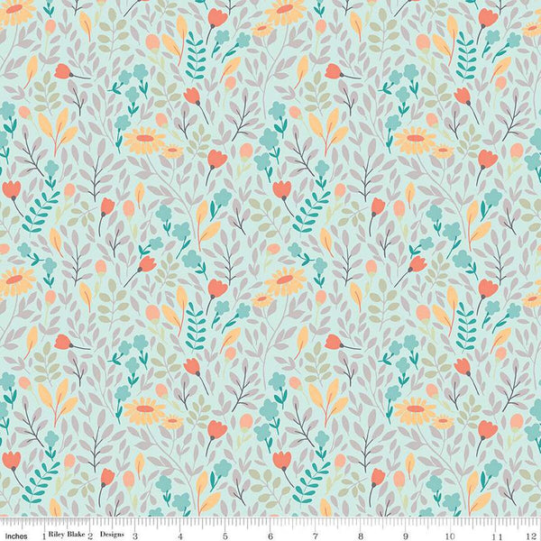 SALE Sunshine and Sweet Tea Summer Floral C14323 Mint by Riley Blake Designs - Leaves Flowers - Quilting Cotton Fabric